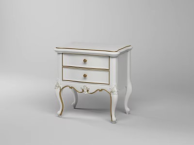 Elegant White Nightstand With Two Drawers Gold Knobs And Carved Legs 3d model