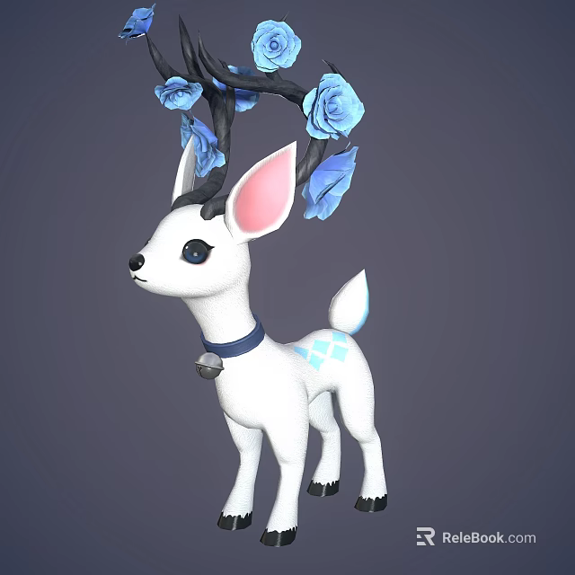 Cute White Deer Character With Branch Antlers Blue Roses Pink Ears And Blue Collar Bell 3d model 