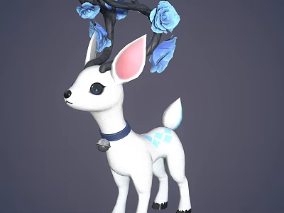 Cute White Deer Character With Branch Antlers Blue Roses Pink Ears And Blue Collar Bell 3d model