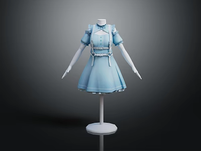 Light Blue Short Sleeve Dress on Mannequin with Belt and Layered Skirt Design 3d model