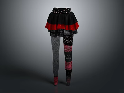Black Red Layered Skirt with Pearl Waistband and Gray Leggings with Colorful Patches 3d model