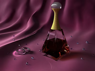 Luxury Perfume Bottle Transparent Brown Liquid Yellow Cap Silver Top Purple Velvet Beads And Rings 3d model