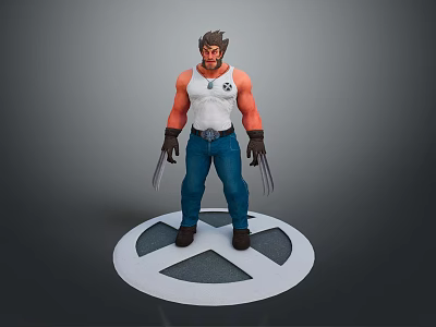 Muscular Man In White Tank Top Blue Jeans With Metal Claws On X Symbol Base 3d model