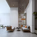 Modern Lobby Interior Featuring Wooden Ceiling Large Windows Sofa Tables And Cylindrical Stools