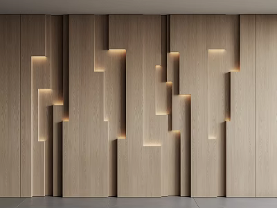 Modern Wooden Bedroom Accent Wall With Geometric Cuts And Built in Lighting 3d model