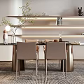 Modern Restaurant Interior With Round Dining Table Beige Chairs Pendant Lighting And Shelf Decor