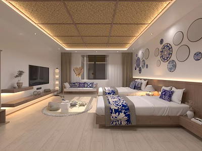 Modern Hotel Guest Room With Bamboo Ceiling Circular Wall Decor And Blue White Bedspread 3d model