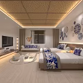 Modern Hotel Guest Room With Bamboo Ceiling Circular Wall Decor And Blue White Bedspread