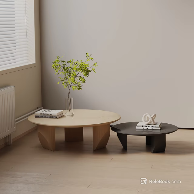 Modern Sofa Coffee Table Combination With Round Light Dark Tables Green Plant Vase And Books 3d model 