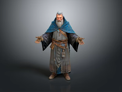 Elderly Man With Long Beard In Blue Robe And Outstretched Hands On Gray Background 3d model