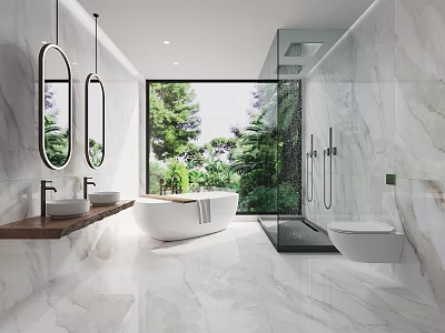 Elegant Modern Bathroom With Marble Walls Double Vanity Bathtub And Large Windows Greenery View 3d model