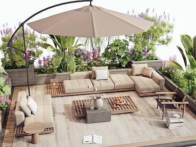 Outdoor Sectional Sofa With Patio Umbrella Lush Plants And Wooden Deck Coffee Table 3d model
