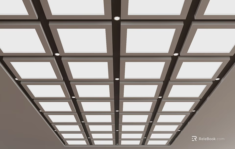 Modern Suspended Ceiling with Square Panels Black Frames and Recessed Downlights 3d model 