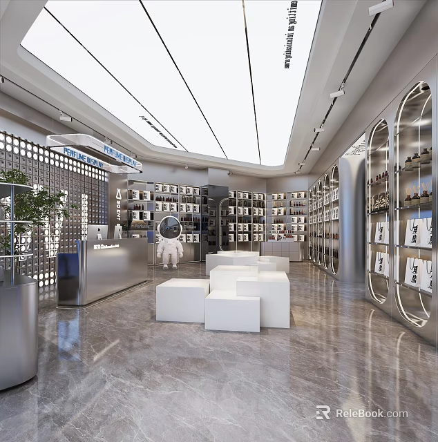 Modern Mall Store Interior With Open Layout Shelves Product Displays White Seating And Green Plants 3d model 