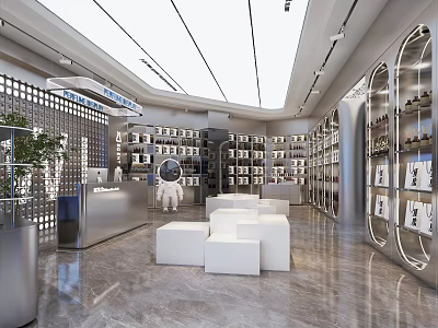 Modern Mall Store Interior With Open Layout Shelves Product Displays White Seating And Green Plants 3d model