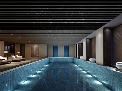 Modern Indoor Swimming Pool With Dark Ceiling Lounge Area Blue Lighting And Tiled Pool Walls 3d model
