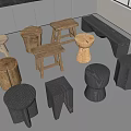 Various Modern Wooden Stools With Different Shapes And Designs In Interior 3d model