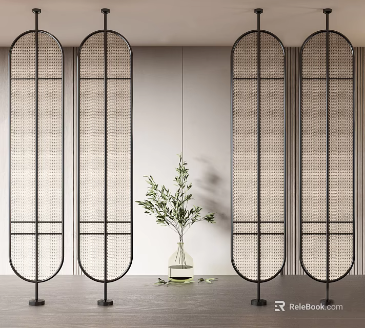 Modern Room Dividers With Black Frame Arched Design Woven Texture And Green Plant Vase 3d model 