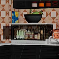 Black Kitchen Storage Cabinet With Glass Door Holding Spices Bottles And Vegetables In Glass Bowl