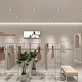 Modern Shopping Mall Clothing Counter With Mannequins Display Racks And Green Plants