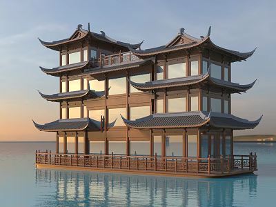 Traditional Chinese Wooden Boat With Multi Storey Eaves Floating On Calm Water At Sunset 3d model