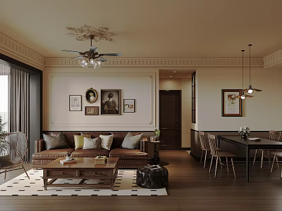 Cozy Living and Dining Room Interior With Sofa Coffee Table Dining Chairs And Decorative Paintings 3d model