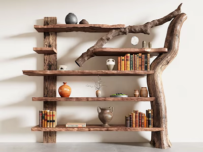 Natural Wooden Tree Branch Shelf with Multiple Tiers Holding Books Vases and Decor 3d model
