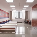 Dormitory Lounge Space With Neat Beds Wooden Cabinets Large Windows And Square Ceiling Lights