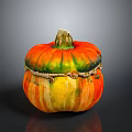 Decorative Pumpkin Shaped Container With Colorful Orange Yellow Green Stripes And Wooden Stem Lid