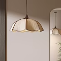 Modern Fabric Pendant Light With Umbrella Shade Wooden Accent And Mirror Reflection In Minimalist Interior