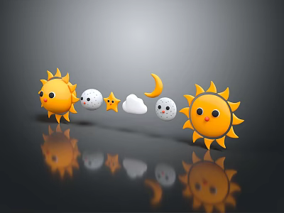 Cute Cartoon Style Decorative Ornament Set With Sun Star Moon Cloud For Home Decor 3d model