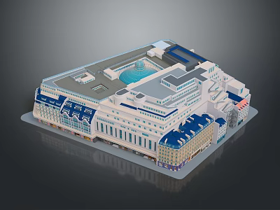 Multi Storey Building Architectural Model With Blue Grey Roofs Circular Skylight And Classical Modern Facade 3d model