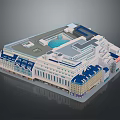 Multi Storey Building Architectural Model With Blue Grey Roofs Circular Skylight And Classical Modern Facade