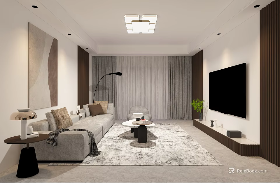 Modern Living Dining Room Interior With Gray Sofa TV Wall Area Rug And Chandelier 3d model 