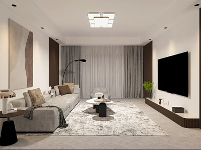 Modern Living Dining Room Interior With Gray Sofa TV Wall Area Rug And Chandelier 3d model