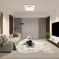 Modern Living Dining Room Interior With Gray Sofa TV Wall Area Rug And Chandelier