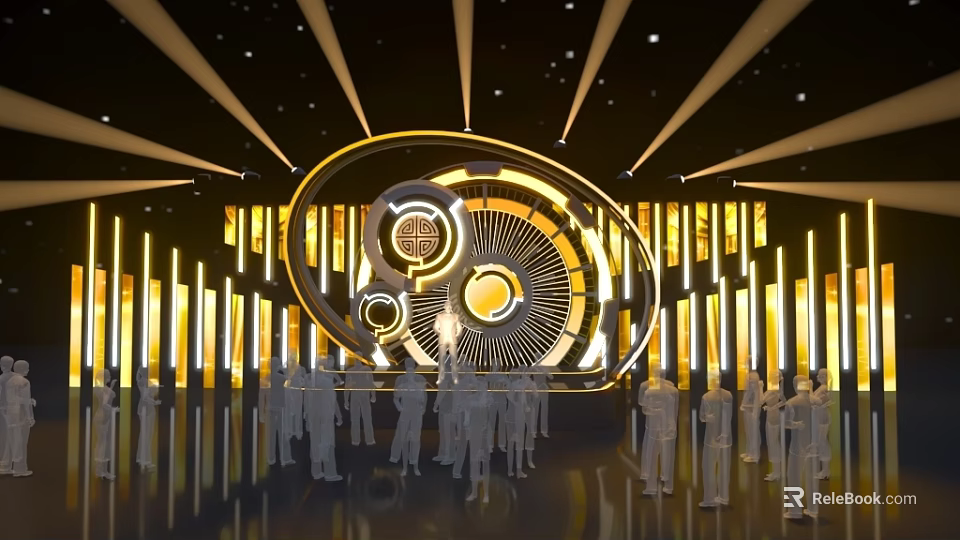 Modern Stage Design Featuring Circular Structure Bright Yellow Lights And Silhouette Crowd 3d model 