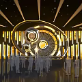 Modern Stage Design Featuring Circular Structure Bright Yellow Lights And Silhouette Crowd 3d model