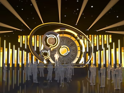 Modern Stage Design Featuring Circular Structure Bright Yellow Lights And Silhouette Crowd 3d model