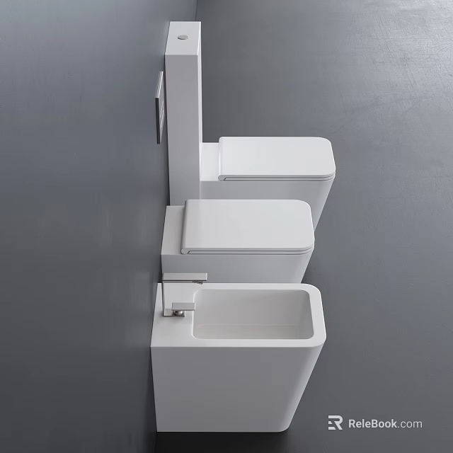 Three White Wall Mounted Toilets With Different Heights On Grey Bathroom Wall 3d model