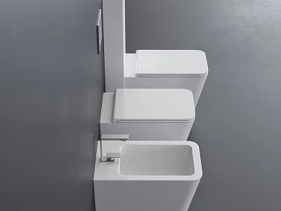 Three White Wall Mounted Toilets With Different Heights On Grey Bathroom Wall 3d model
