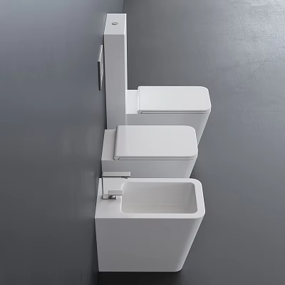 Three White Wall Mounted Toilets With Different Heights On Grey Bathroom Wall 3d model