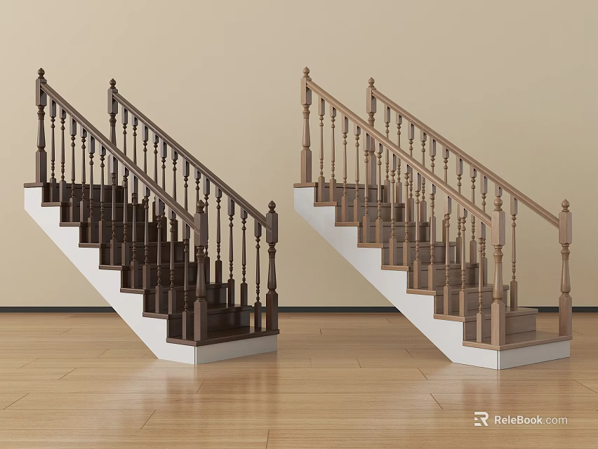Wooden Staircase With Handrails White And Dark Steps Light Colored Walls On Wooden Floor 3d model 