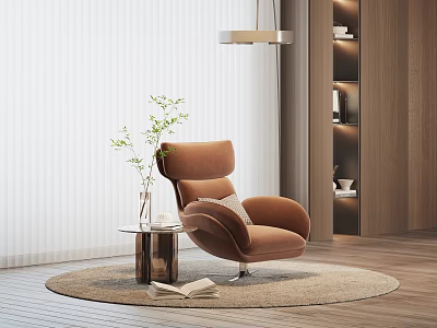 Modern Brown Armchair In Living Room With Side Table Green Plant And Open Book 3d model
