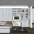 Modern Tatami Bedroom Interior With Grey Built-in Wardrobes Desk Area Chair Rug And Window Blinds