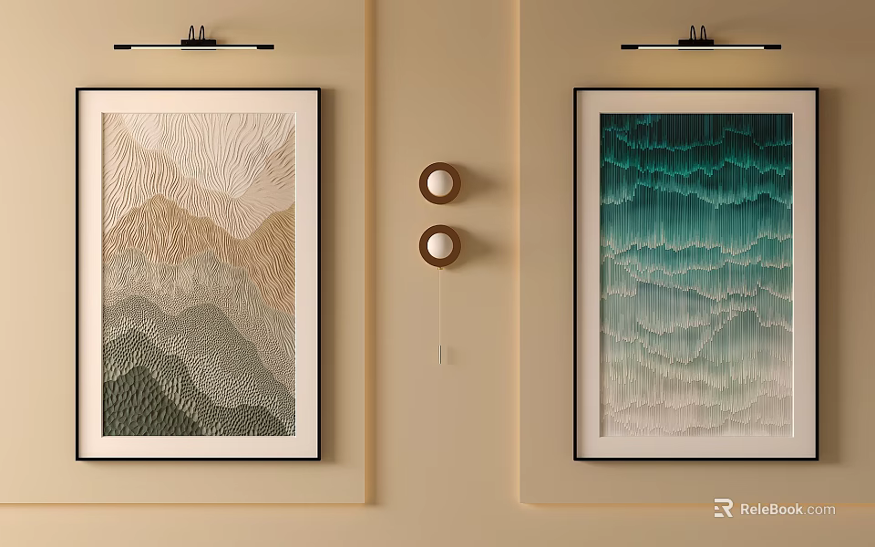Two Textured Wave Pattern Paintings In Green Teal Tones With Circular Decor On Beige Wall 3d model 