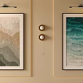 Two Textured Wave Pattern Paintings In Green Teal Tones With Circular Decor On Beige Wall