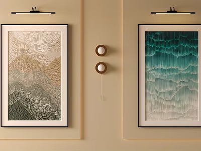 Two Textured Wave Pattern Paintings In Green Teal Tones With Circular Decor On Beige Wall 3d model