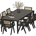 Modern Dining Table Set With Rattan Backrest Chairs Light Surface And Vase With Flowers 3d model