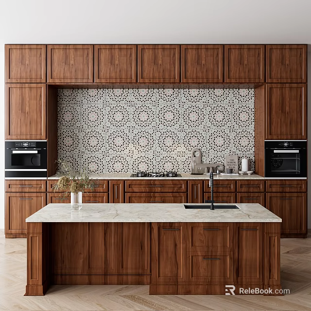Wooden Kitchen Cabinets With Patterned Tile Backsplash And Marble Island Counter 3d model